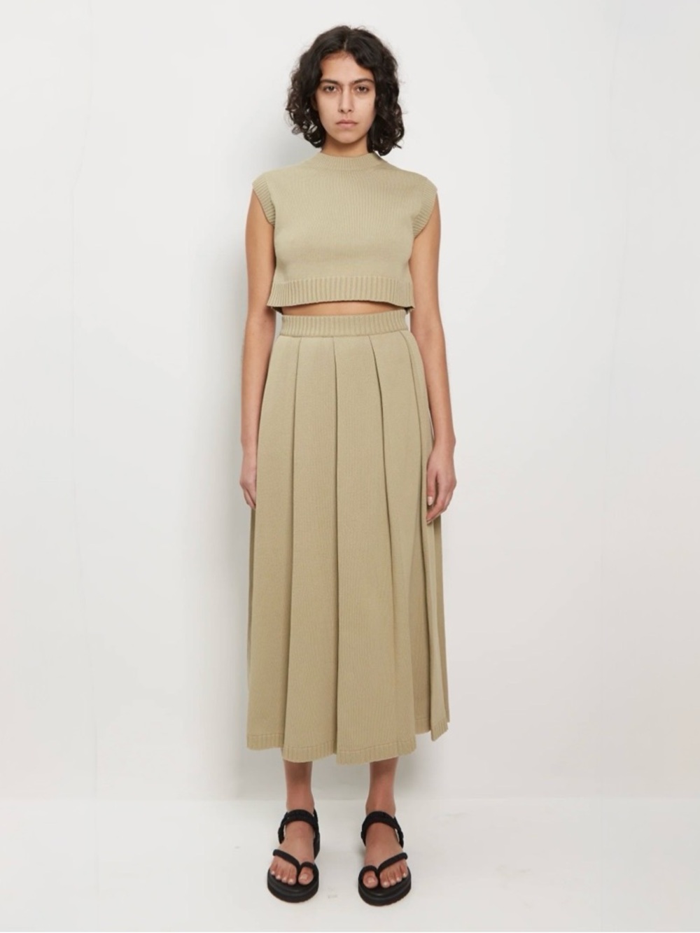Auralee Knit Pleated Skirt - Khaki Beige